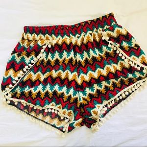 QREE Tribal Print Pom Pom stretch Shorts